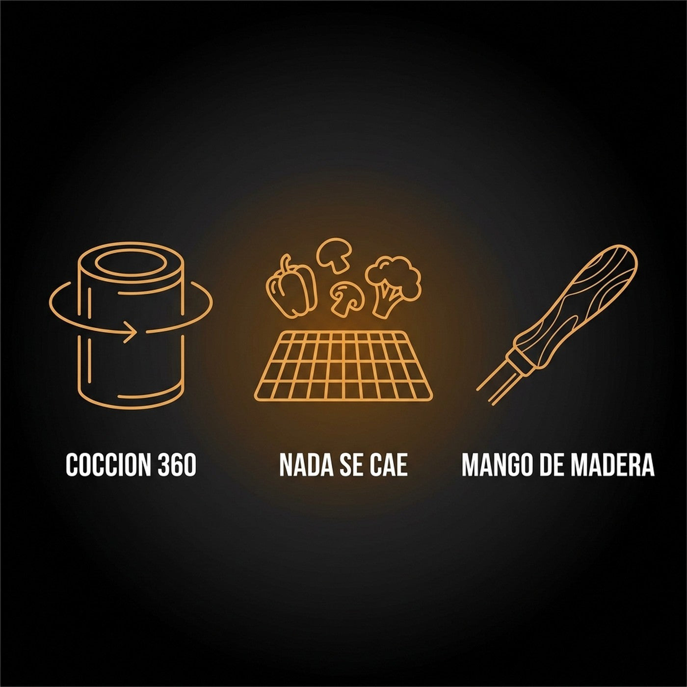 Coccion 360, nada se cae a las brasas, mango de madera