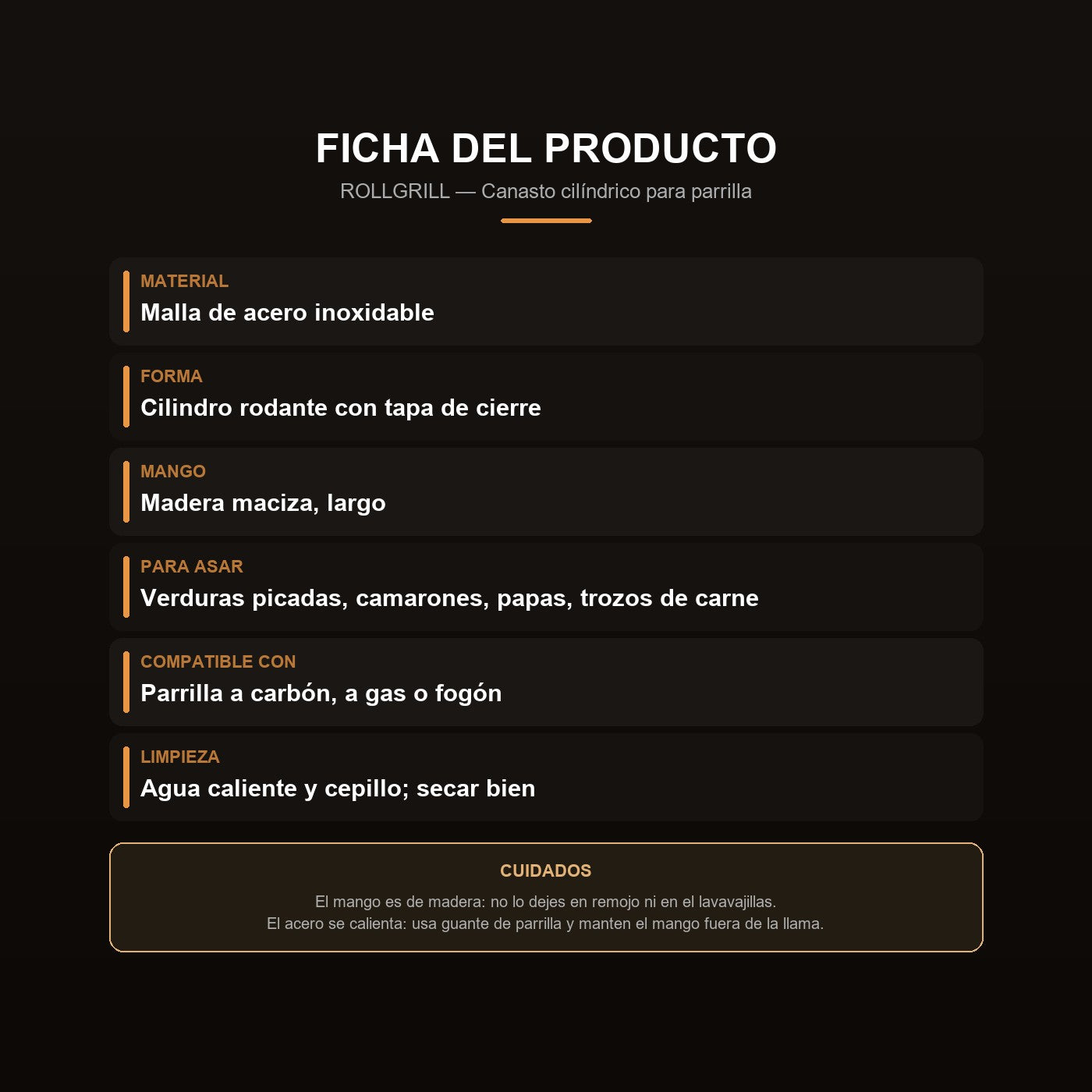 Ficha del canasto: acero inoxidable, mango de madera y limpieza