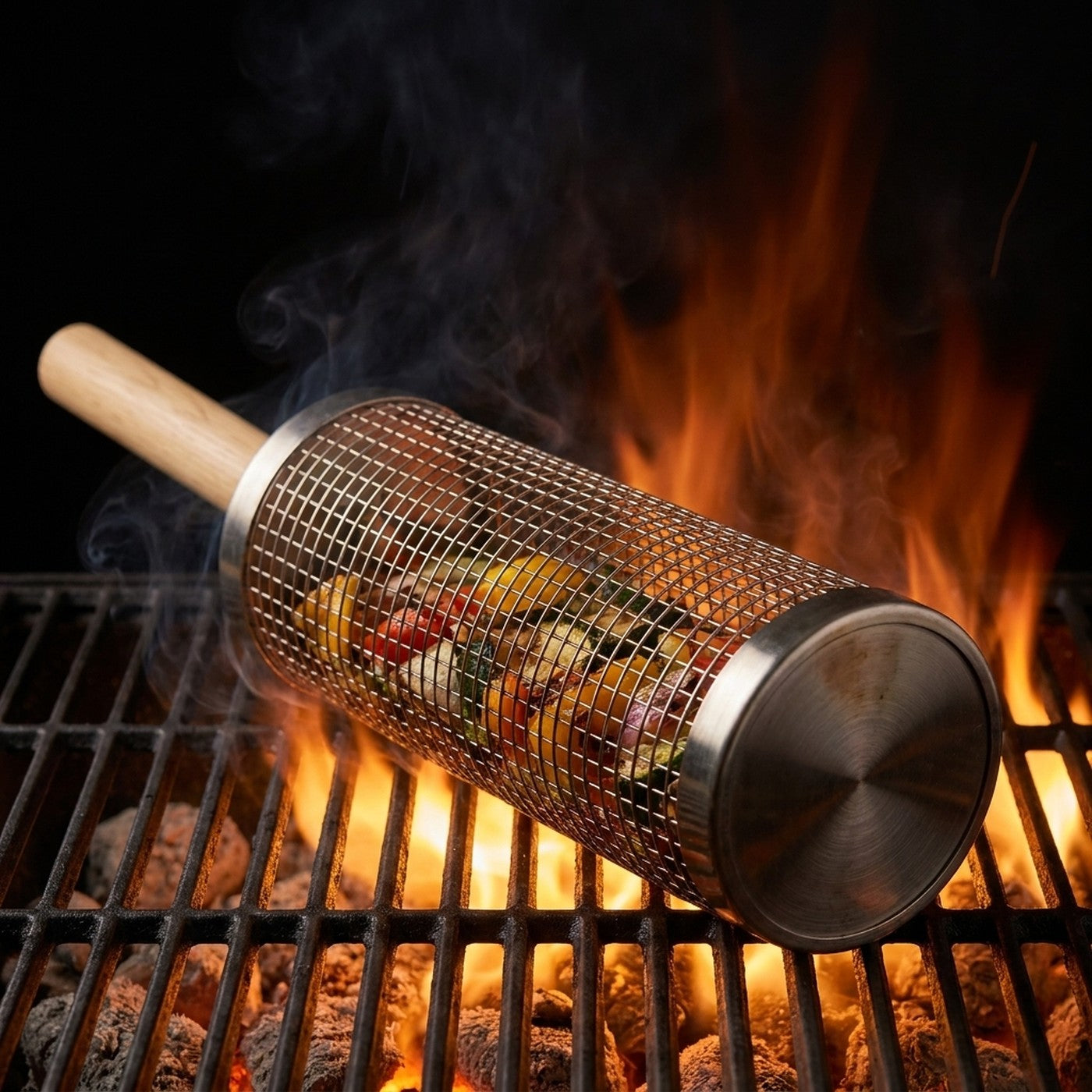 Canasto cilindrico de acero inoxidable para asar verduras a la parrilla