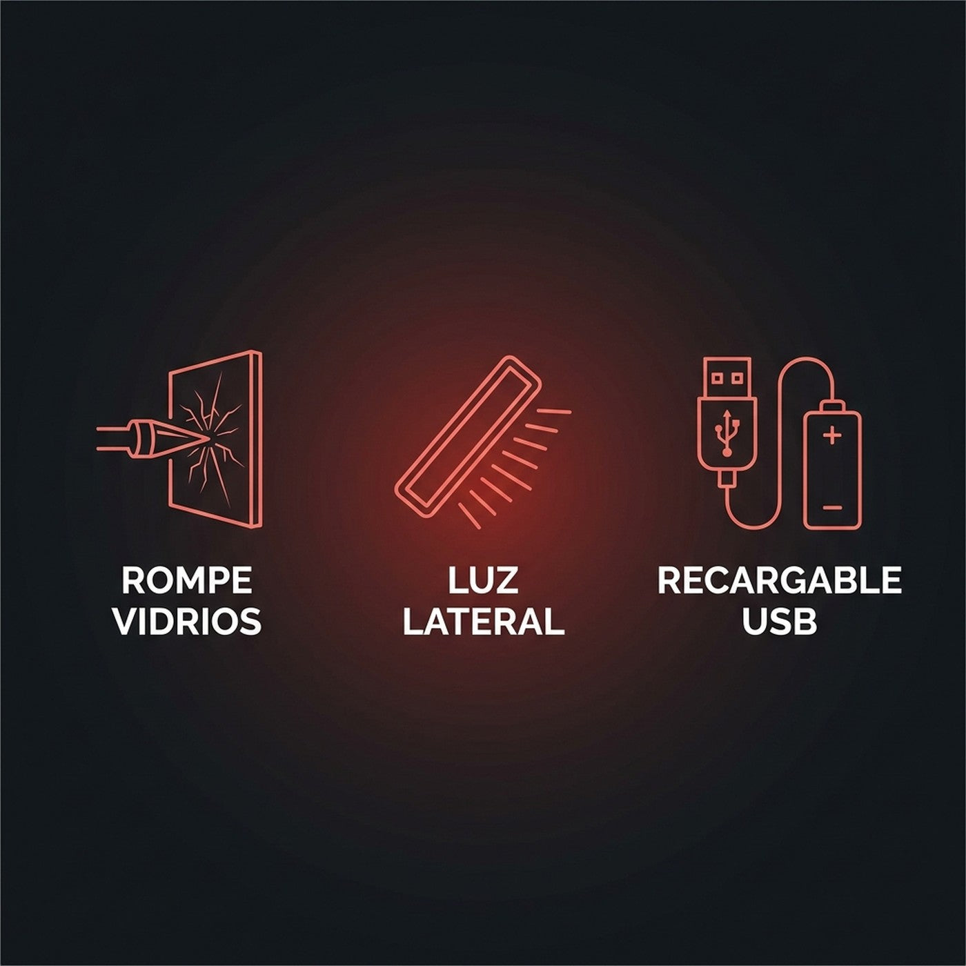 Rompe vidrios, luz lateral COB y carga por USB