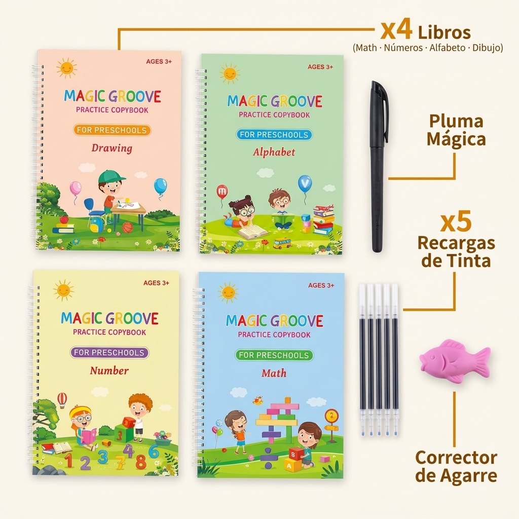 Contenido set SCRIBBLY 4 libros Math Números Alfabeto Dibujo pluma 5 recargas corrector agarre