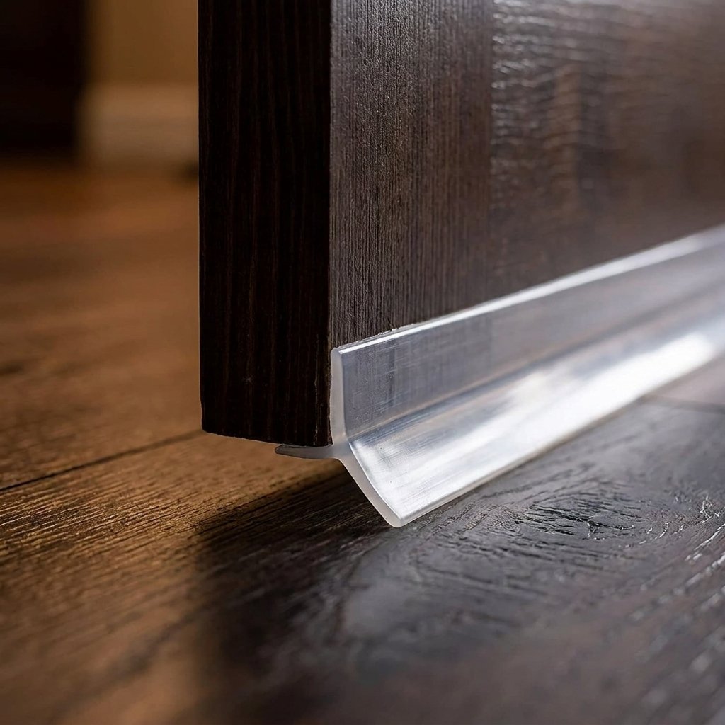 Detalle cinta SealFix silicona translúcida instalada bajo puerta sello hermético adhesivo