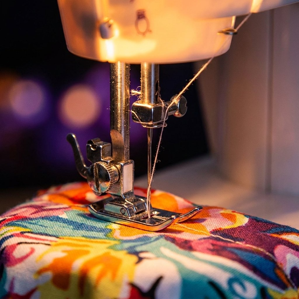 Detalle aguja SEWPRO máquina coser portátil cosiendo tela lámpara iluminación precisa