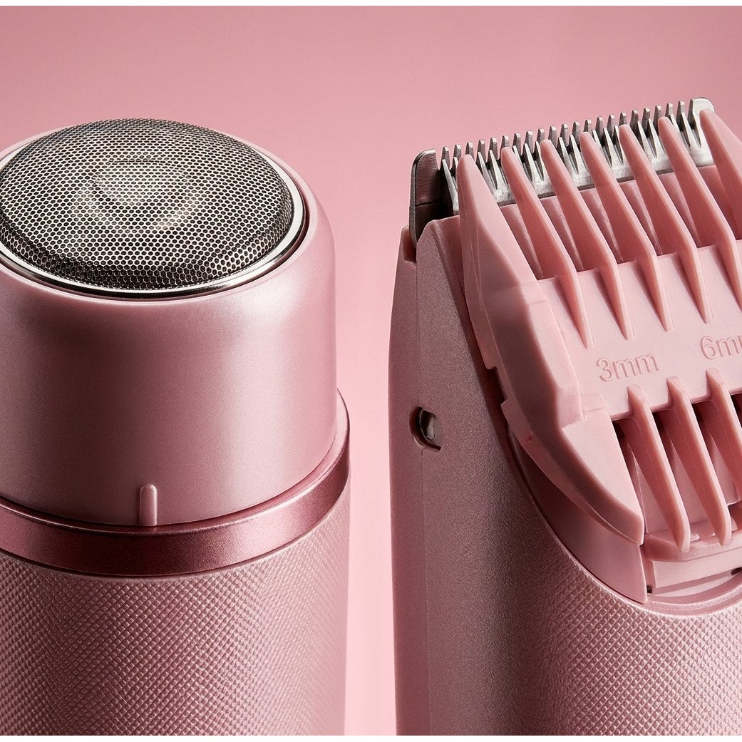 Detalle doble cabezal SilkShave afeitador rotativo y recortador peine guia 3-6mm cuchillas hipoalergénicas