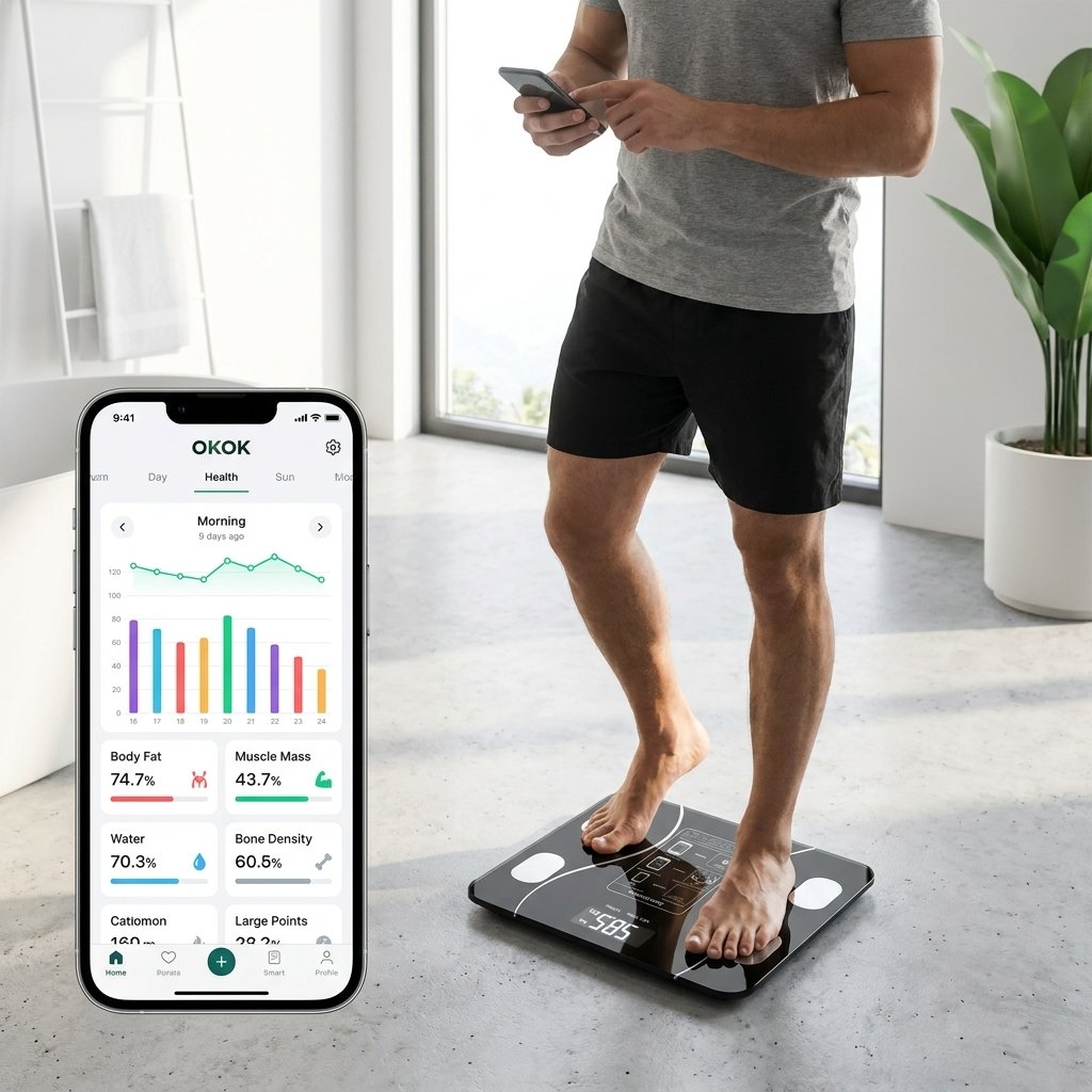 Persona usando Smart Fit Pro báscula inteligente con app celular seguimiento corporal