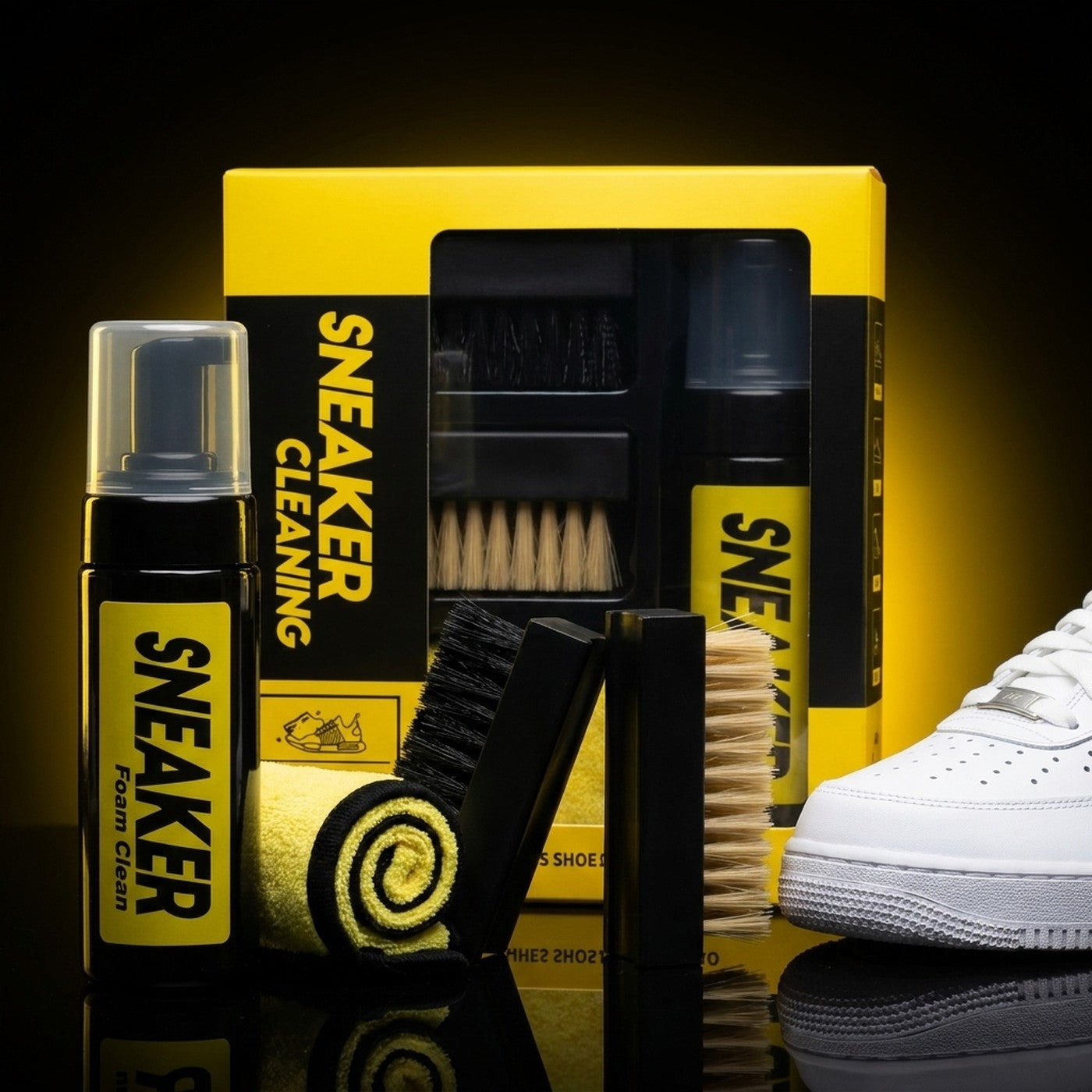Kit de limpieza de zapatillas con espuma, 2 cepillos y toalla
