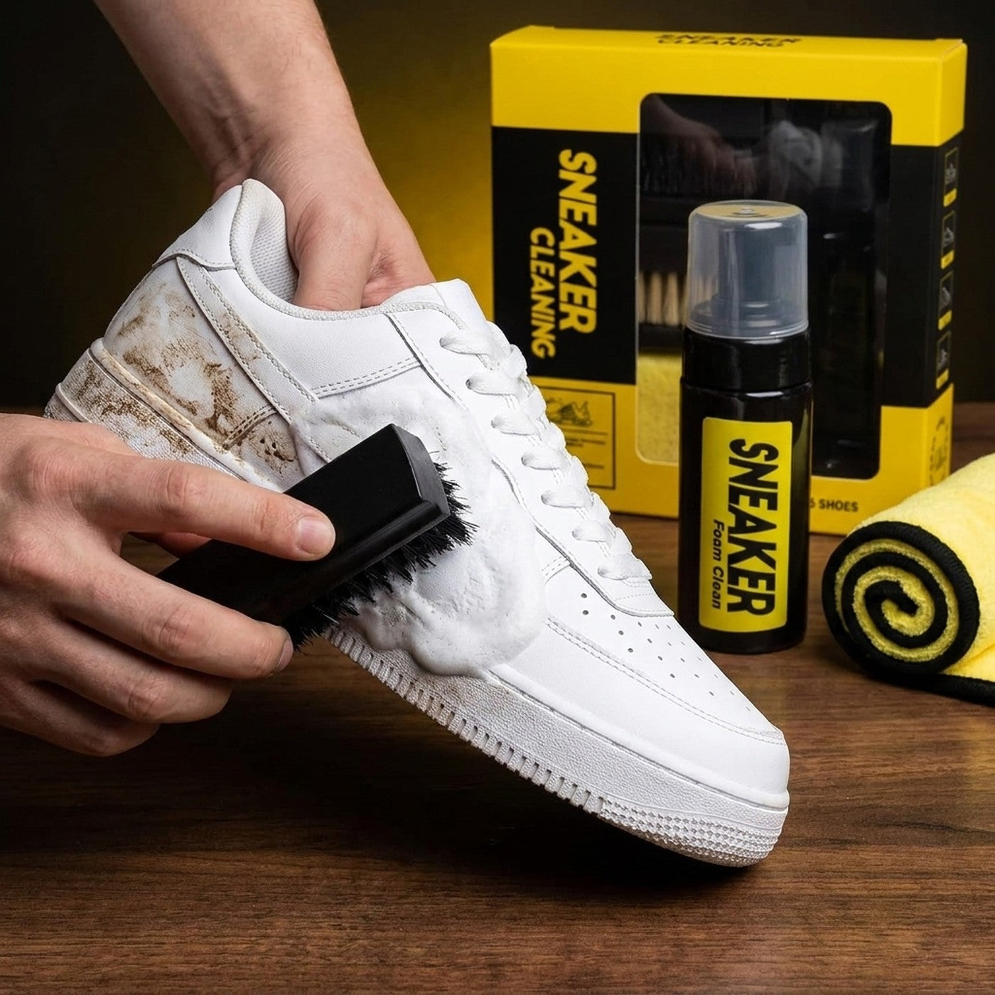 Limpiando una zapatilla blanca con espuma y cepillo suave