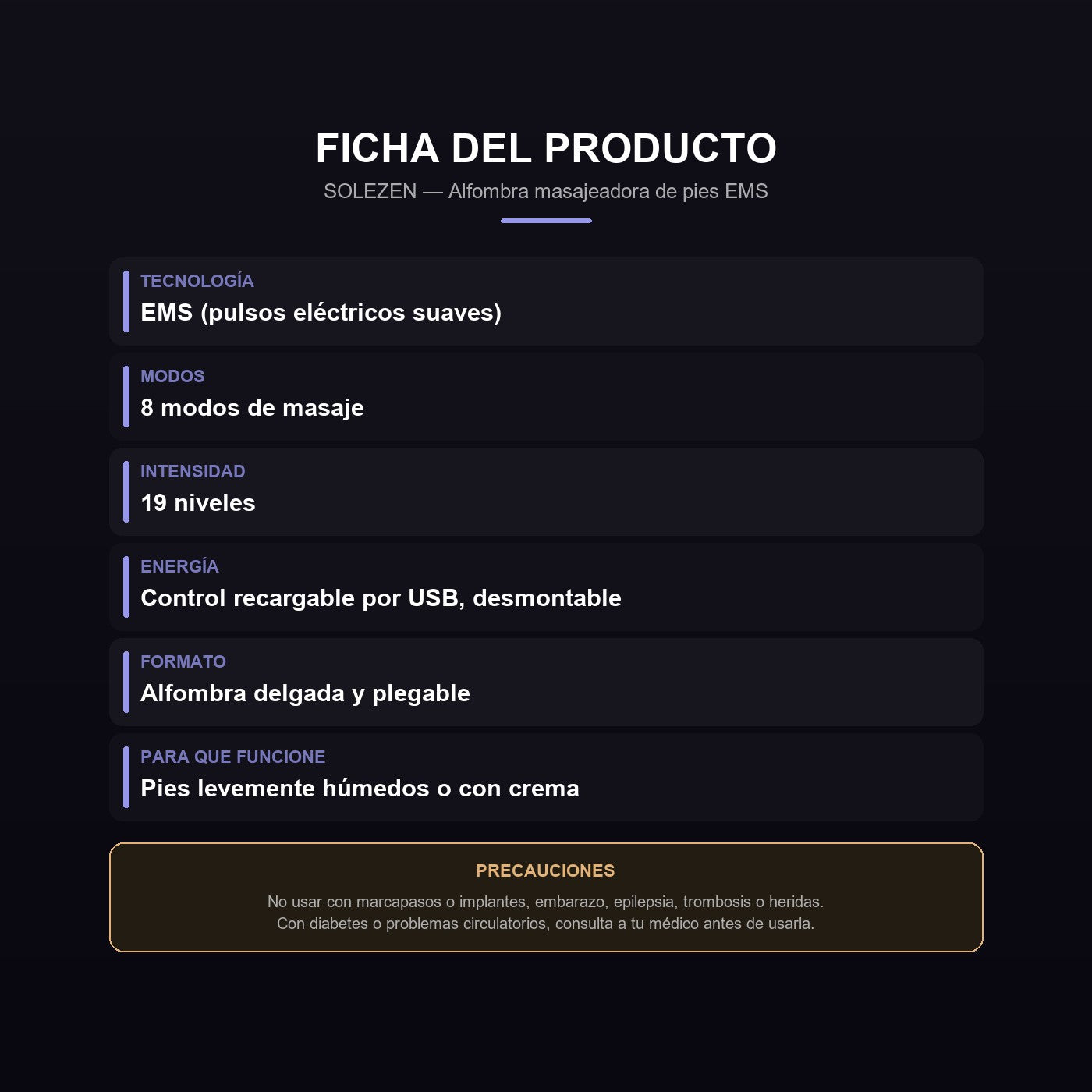 Ficha de la alfombra EMS SOLEZEN y precauciones de uso