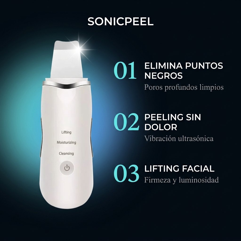 Beneficios SONICPEEL elimina células muertas puntos negros acné piel suave rejuvenecida