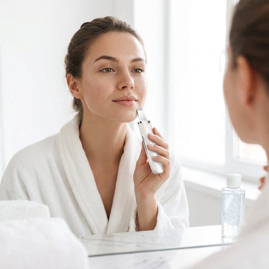 Mujer usando SONICPEEL espátula ultrasónica facial rutina cuidado piel casa resultados