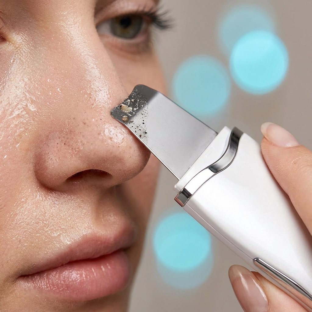 Detalle espátula metálica SONICPEEL eliminando puntos negros poros limpios piel facial