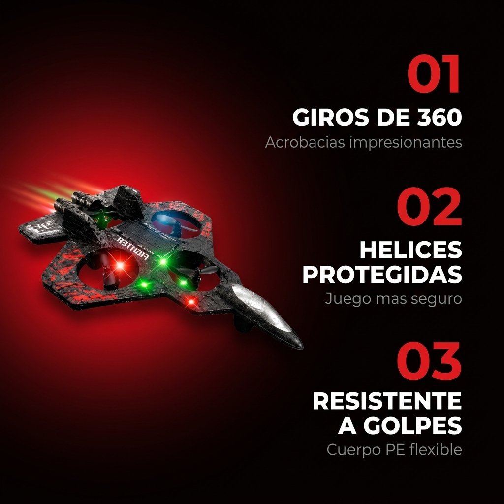 Beneficios Starfighter giros 360 luces LED hélices seguras despegue un botón resistente