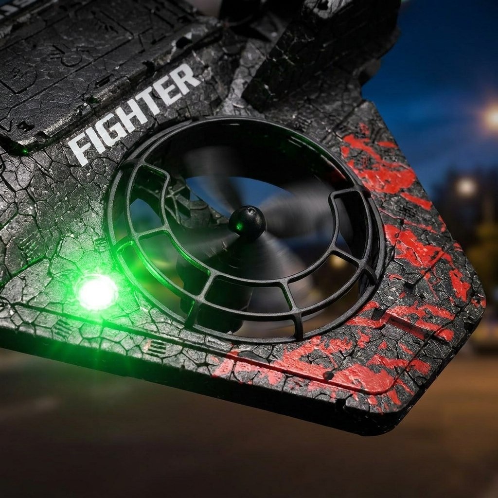 Detalle hélices internas protegidas Starfighter luces LED cuerpo PE resistente golpes