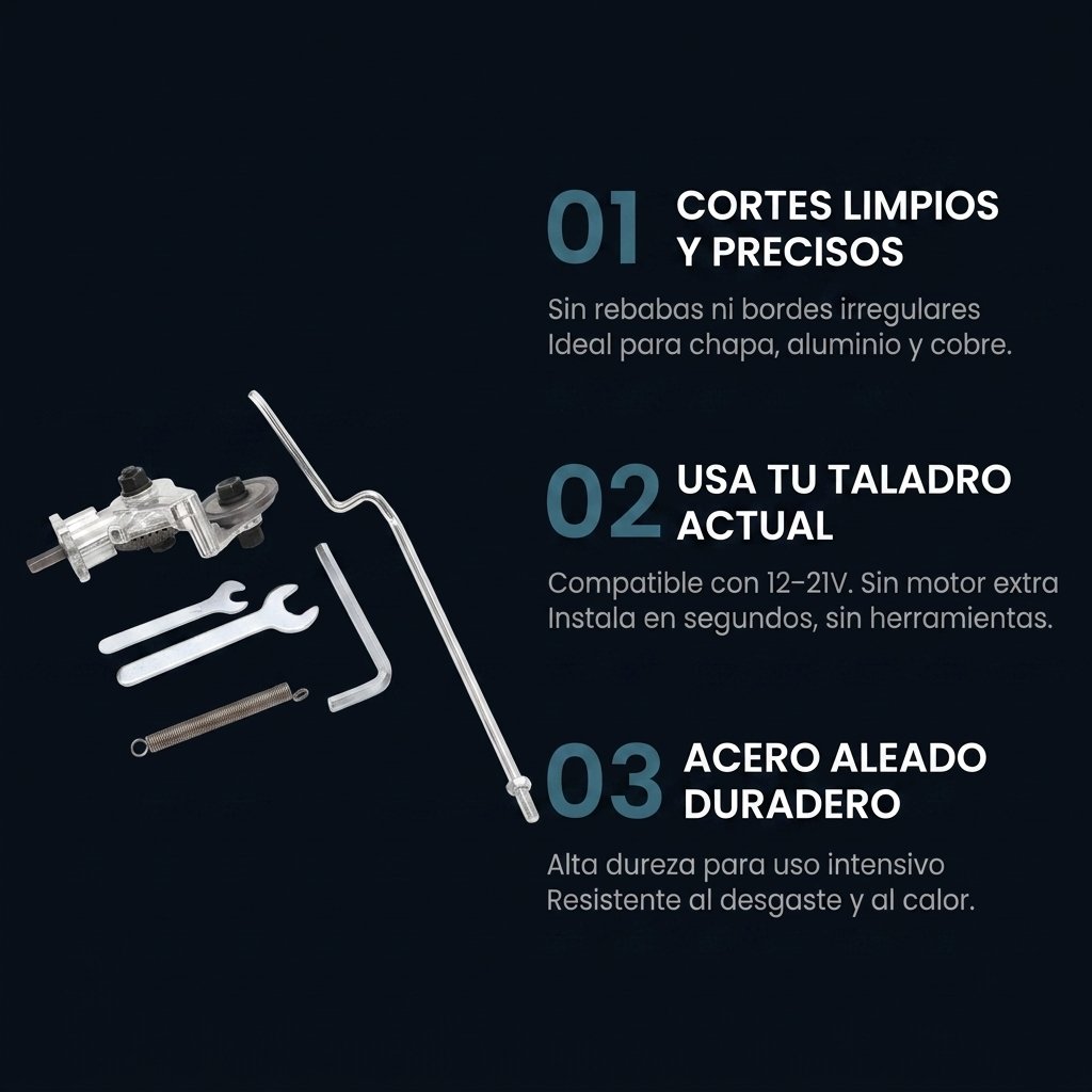 Beneficios: corte preciso sin riesgo, compatible con tu taladro, acero duradero