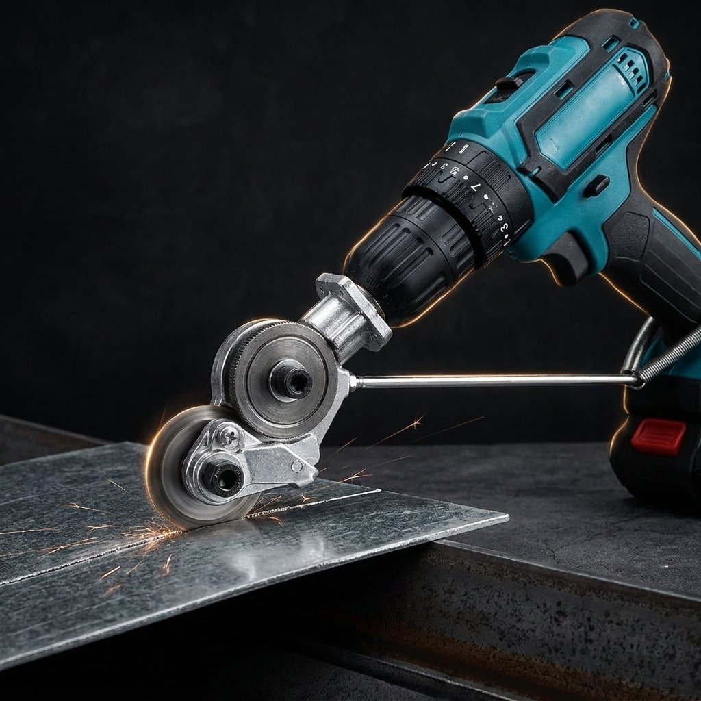 Adaptador cortador de metal para taladro STEELCUT sobre fondo oscuro industrial