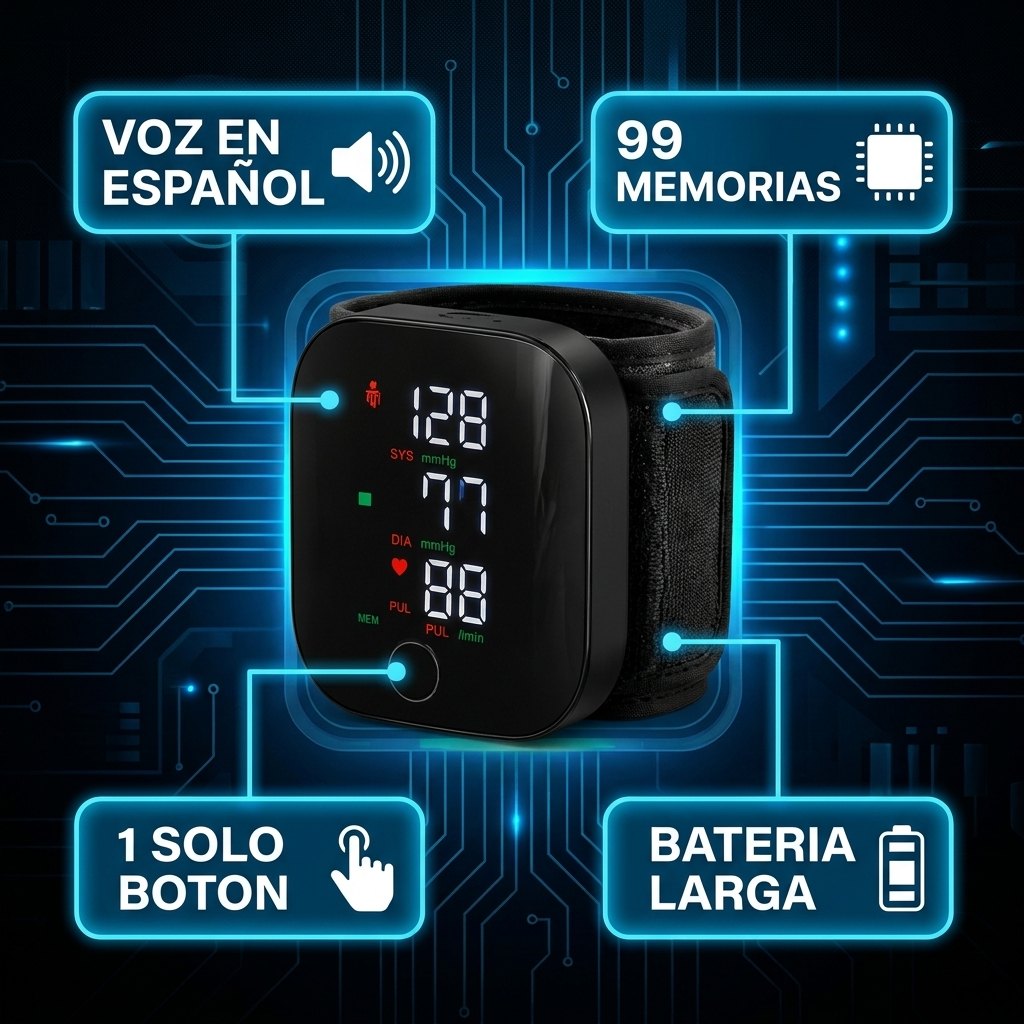 Especificaciones tensiómetro TC voz español 99 memorias un botón batería larga duración