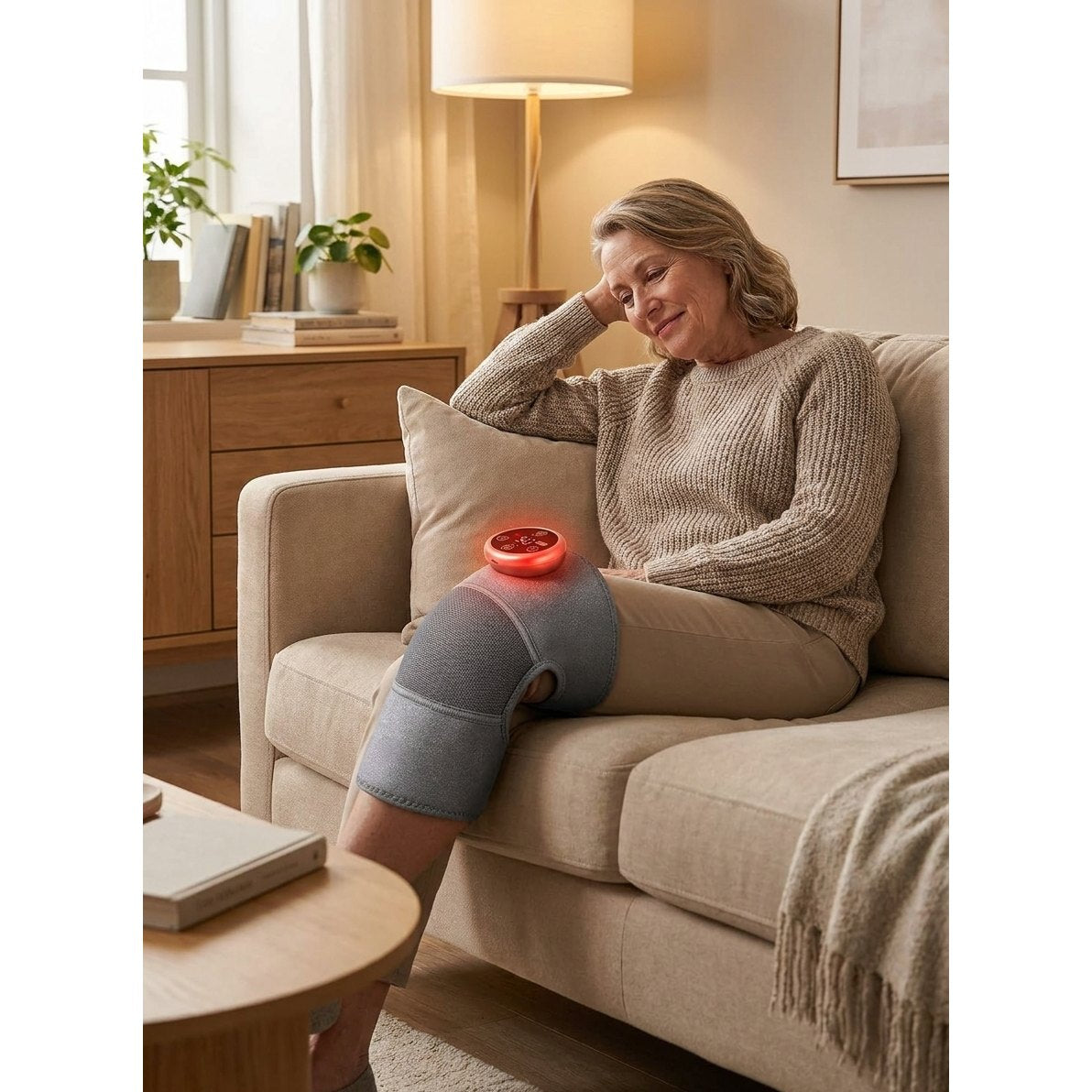 Persona usando ThermaWave rodillera termica alivio dolor rodilla masaje calor comodidad hogar
