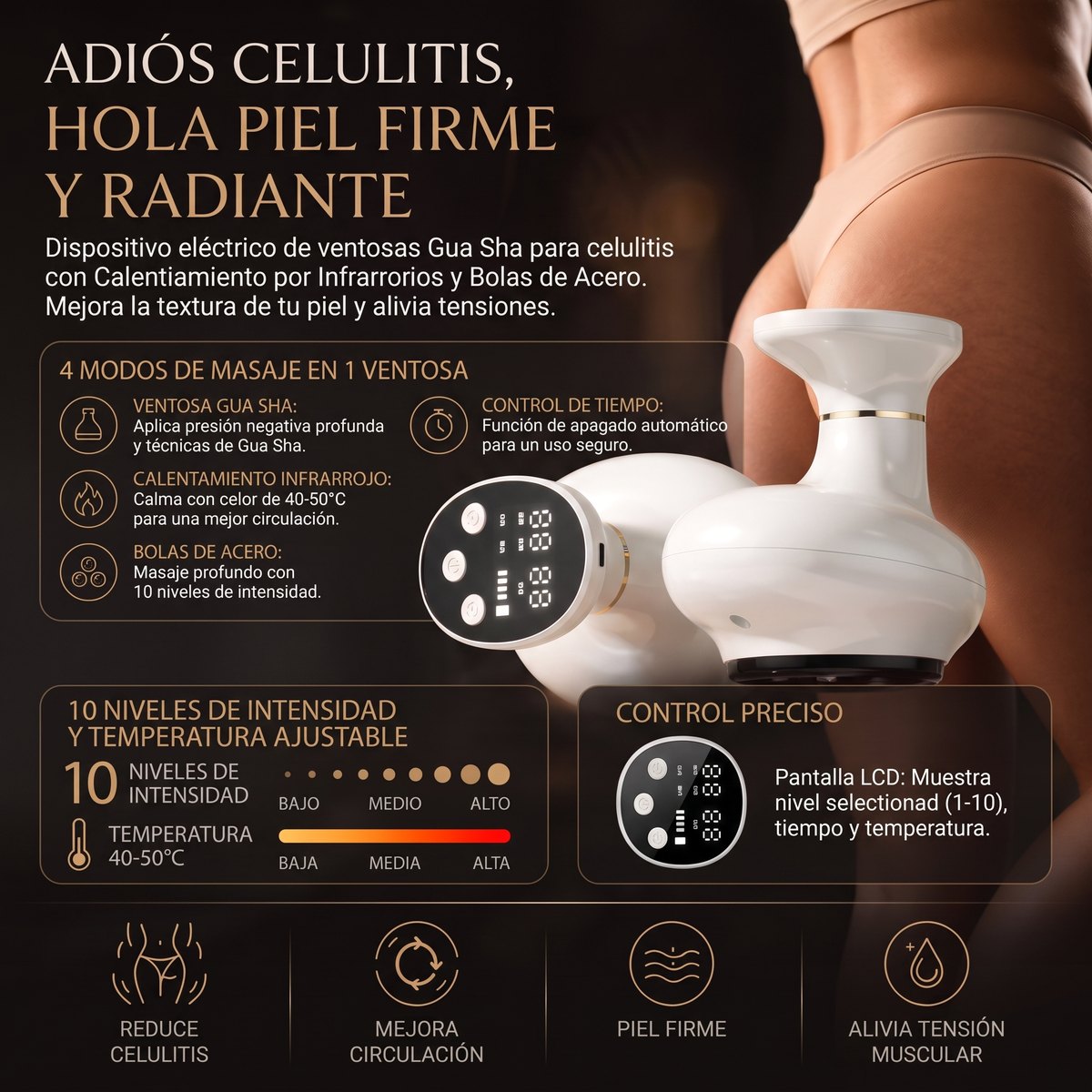 ThermoGua masajeador anticelulítico 4 en 1 ventosas Gua Sha calor masaje profundo pantalla LED blanco