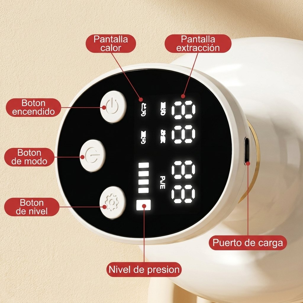 Detalle ThermoGua pantalla LED digital controles succion calor diseño ergonomico premium blanco dorado
