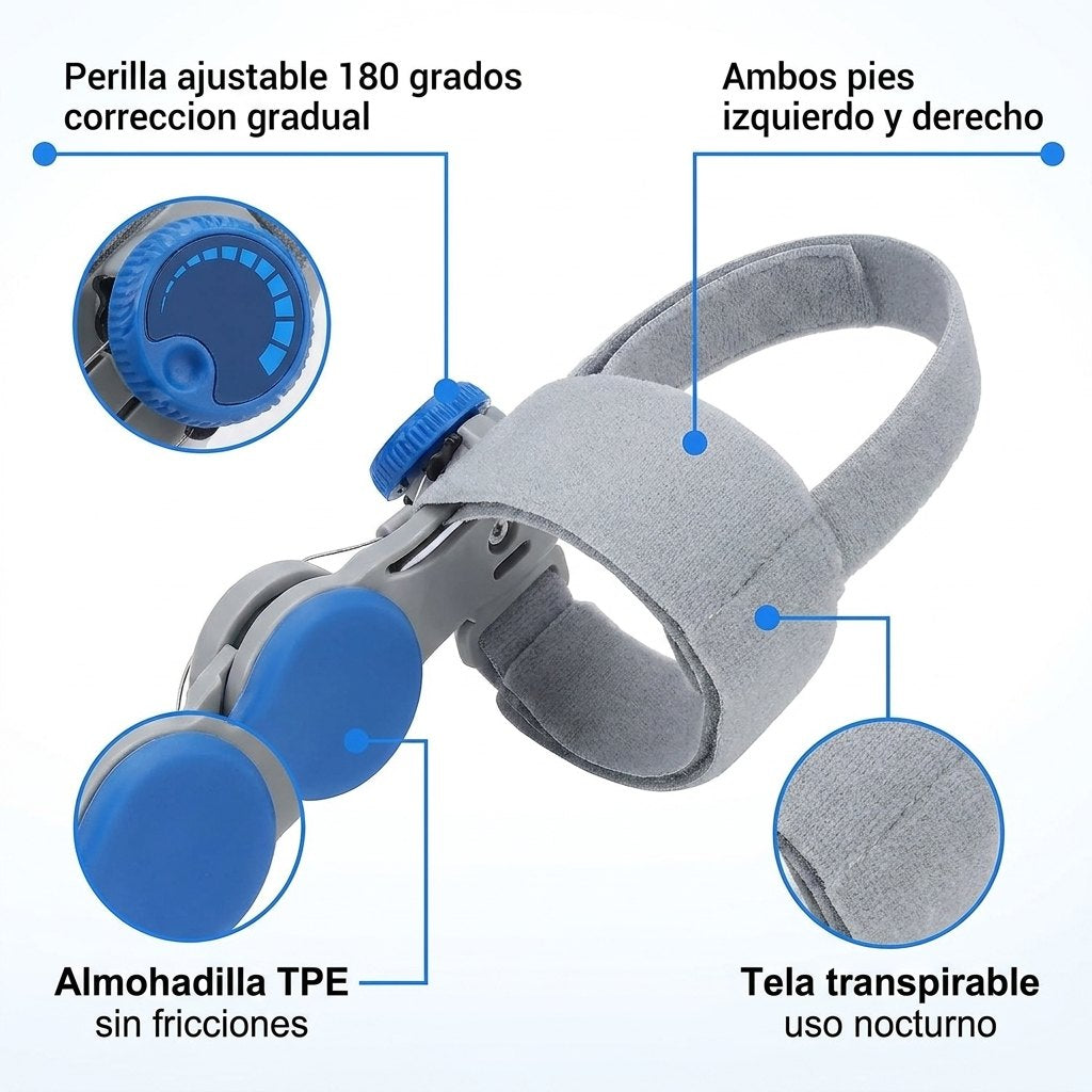 Especificaciones HALLUX: perilla 180°, ambos pies, almohadilla TPE, tela transpirable