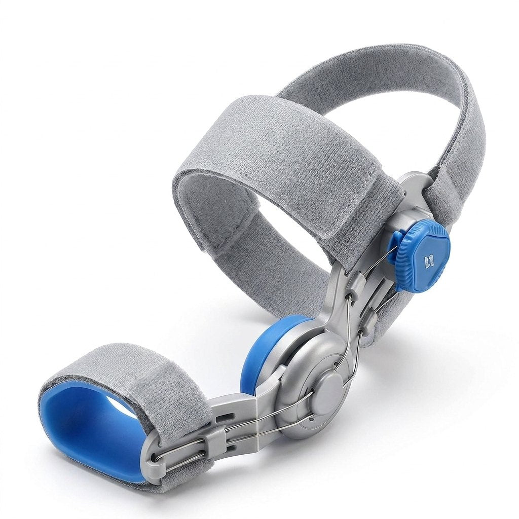 Corrector de Juanetes HALLUX — estructura gris, almohadilla TPE azul, perilla ajustable 180°