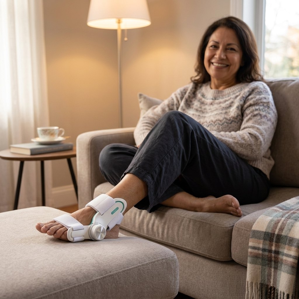 Mujer usando Turn Flex en casa, cómoda y sonriendo