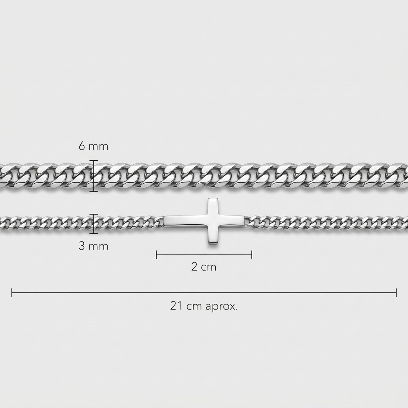 Medidas aproximadas: 6 mm, 3 mm, cruz 2 cm, largo 21 cm