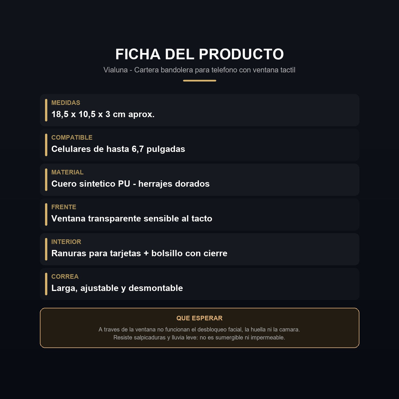 Ficha tecnica: medidas, material y compartimentos