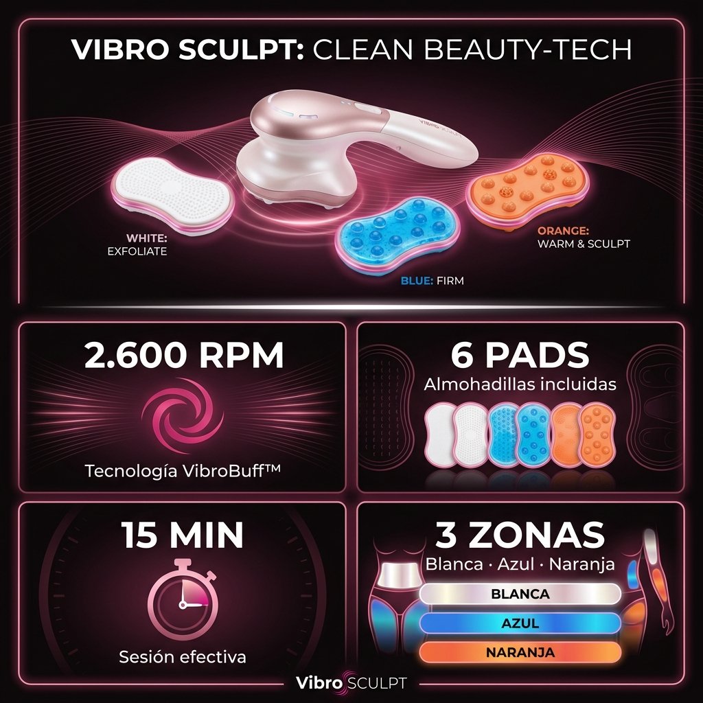 Vibro Sculpt especificaciones 2600 RPM VibroBuff 6 almohadillas 3 zonas moldeado