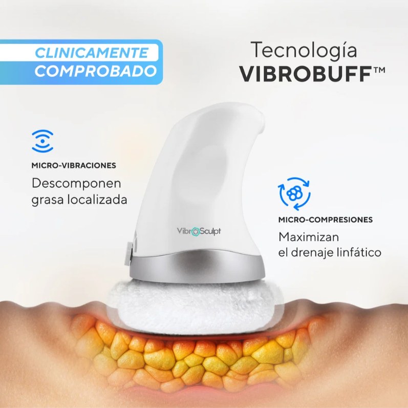 Vibro Sculpt especificaciones 2600 RPM VibroBuff 6 almohadillas 3 zonas moldeado