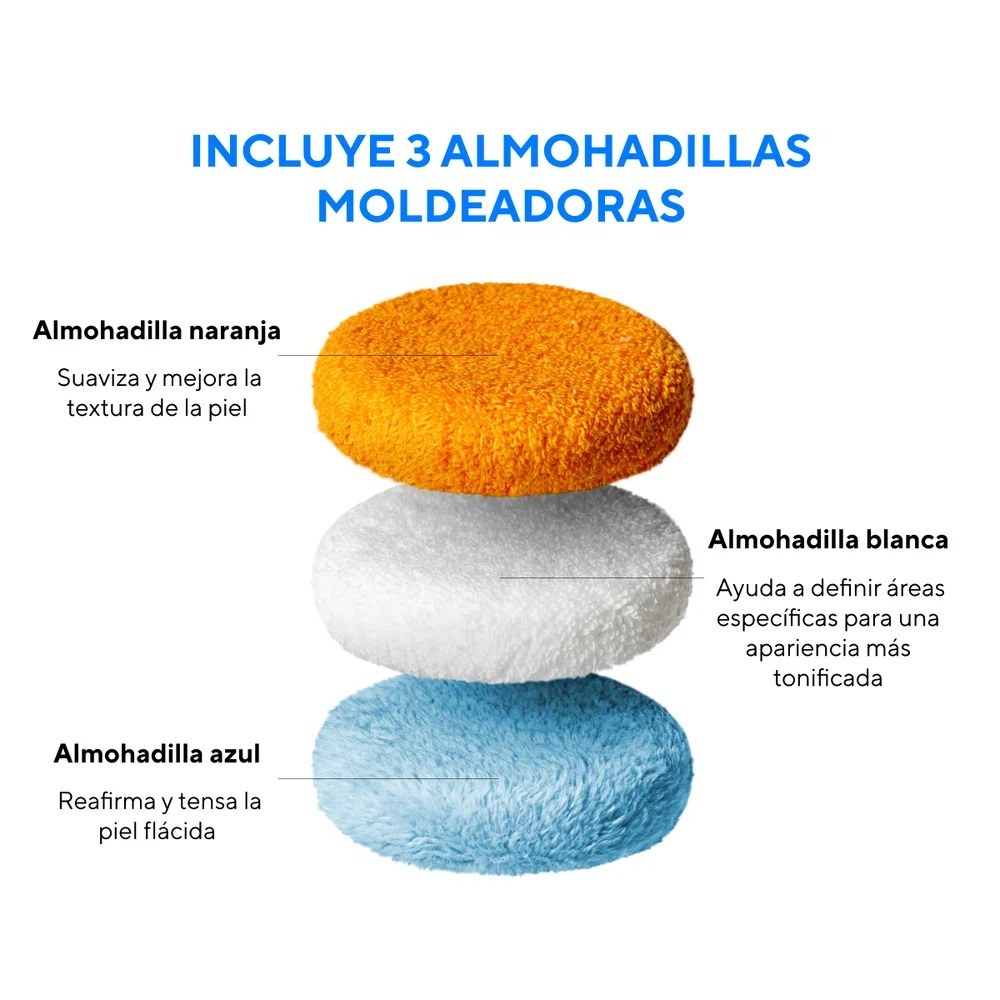 Detalle Vibro Sculpt almohadillas moldeadoras blanca azul naranja intercambiables