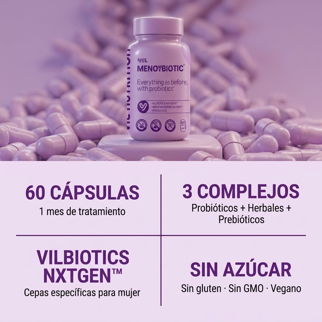 3 complejos activos: probióticos VILBIOTICS, GREENBIO MENO BLEND, prebióticos