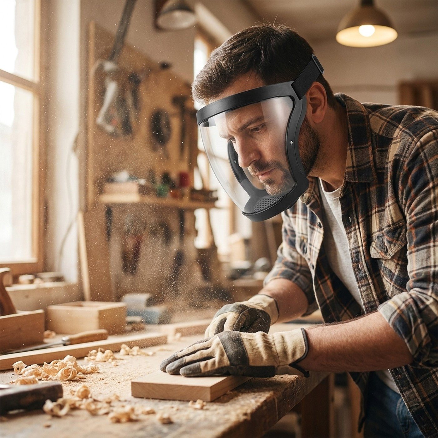 Usando el protector facial al lijar madera en el taller