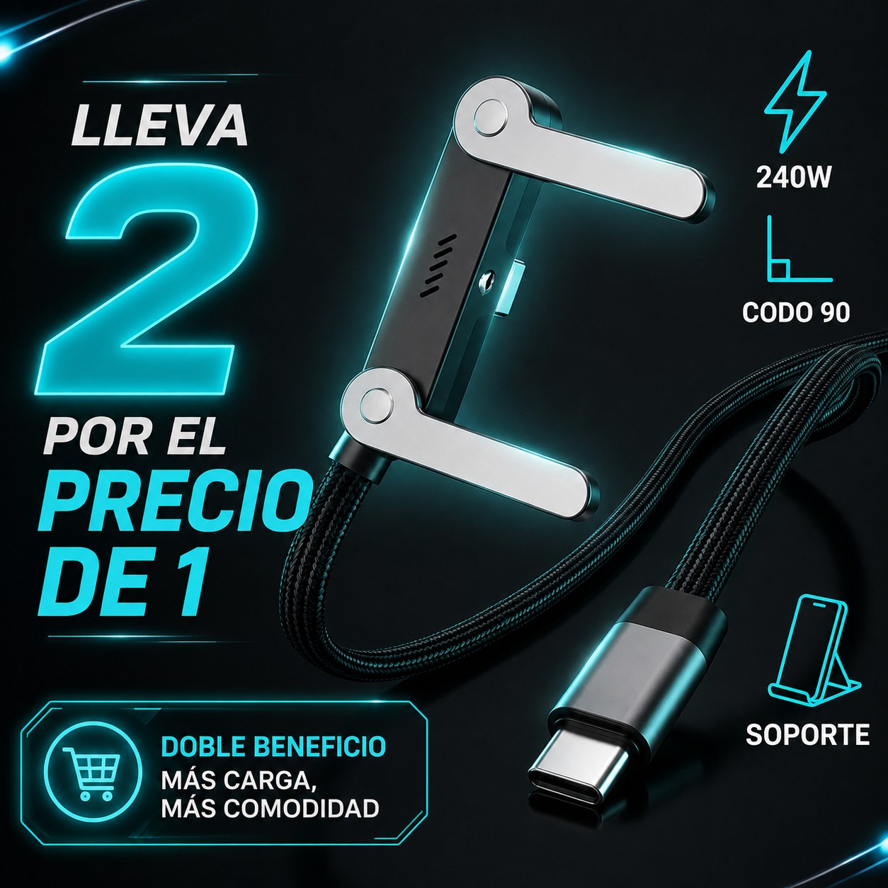 Cable USB-C 240W con soporte plegable integrado - lleva 2 por el precio de 1