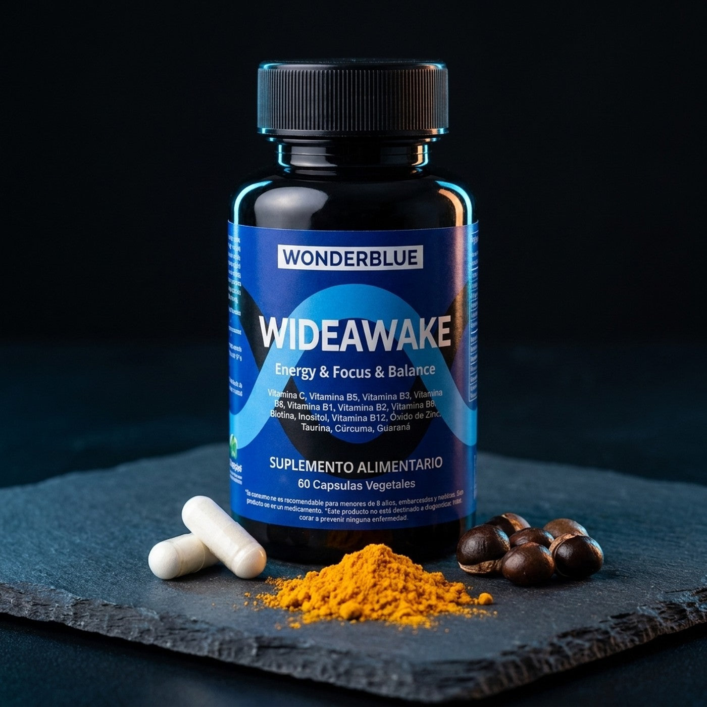Capsulas vegetales de Wideawake junto a curcuma y guarana