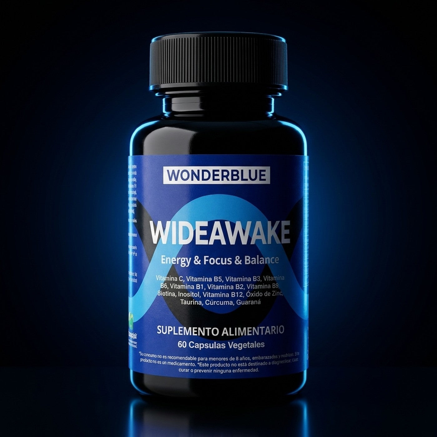 Wideawake de Wonderblue, suplemento con complejo B, taurina, curcuma y guarana