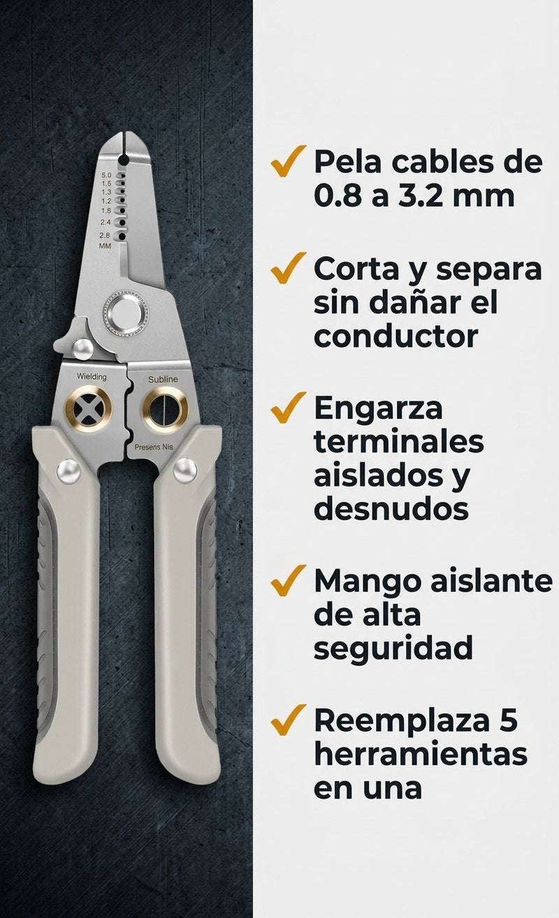Beneficios: pela cables, corta, engarza terminales, mango aislante, reemplaza 5 herramientas