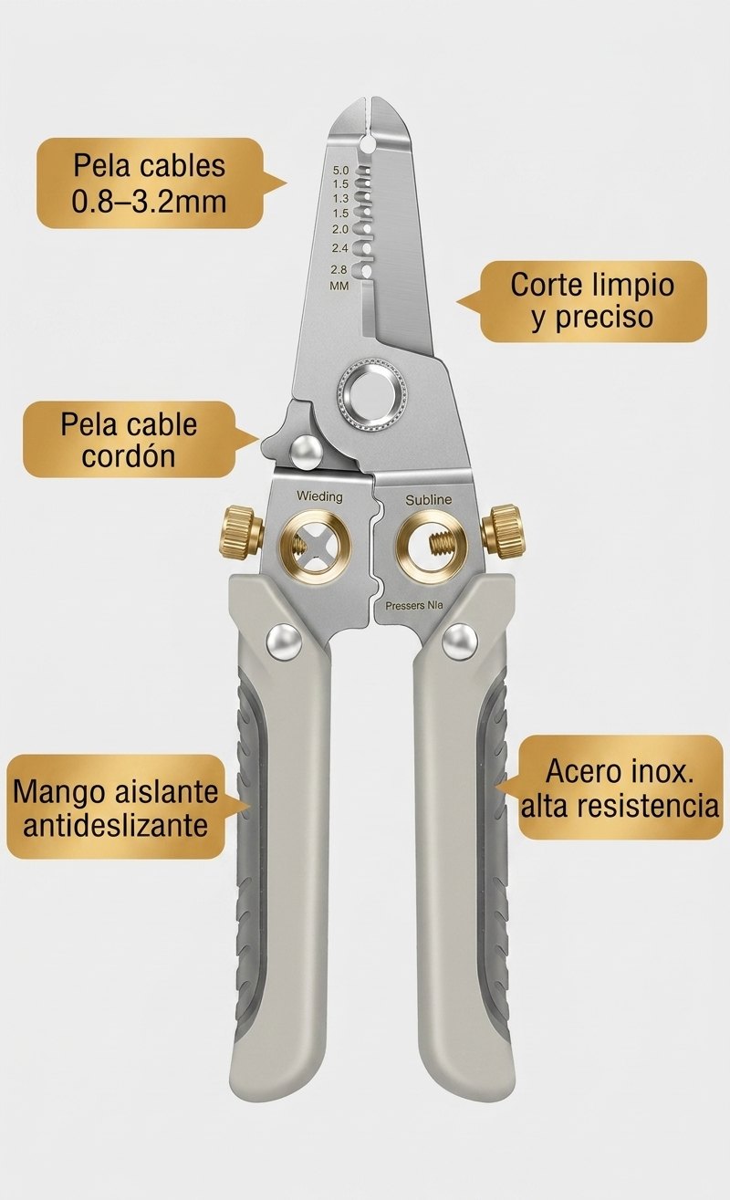 Especificaciones: pela cables 0.8-3.2mm, corte limpio, engarza terminales, mango aislante, acero inox.