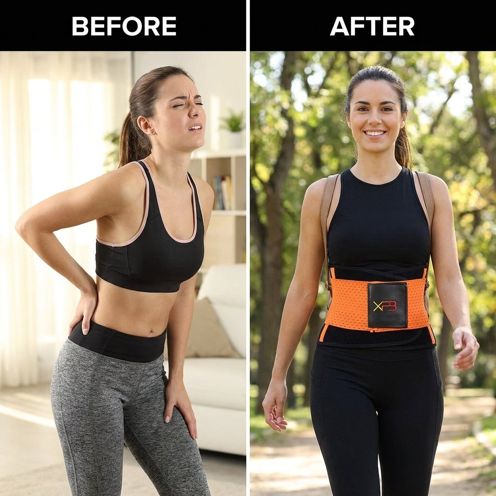 Persona usando Xtreme Power Belt XPB caminando sin dolor lumbar postura correcta