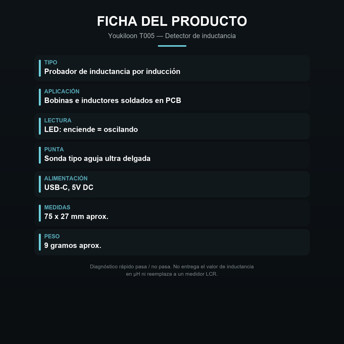 Ficha del detector de inductancia T005: USB-C, 75x27 mm, 9 gramos