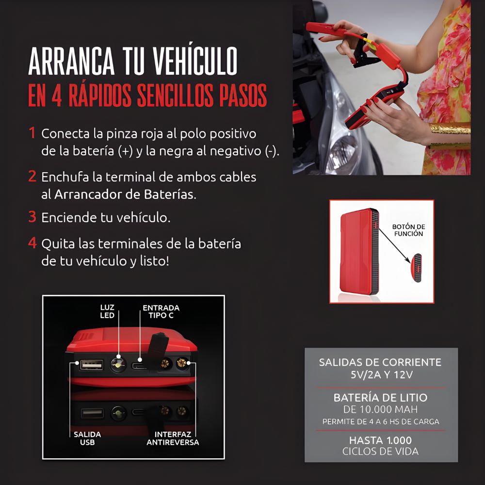 Arrancador Baterías Portátil 3 en 1