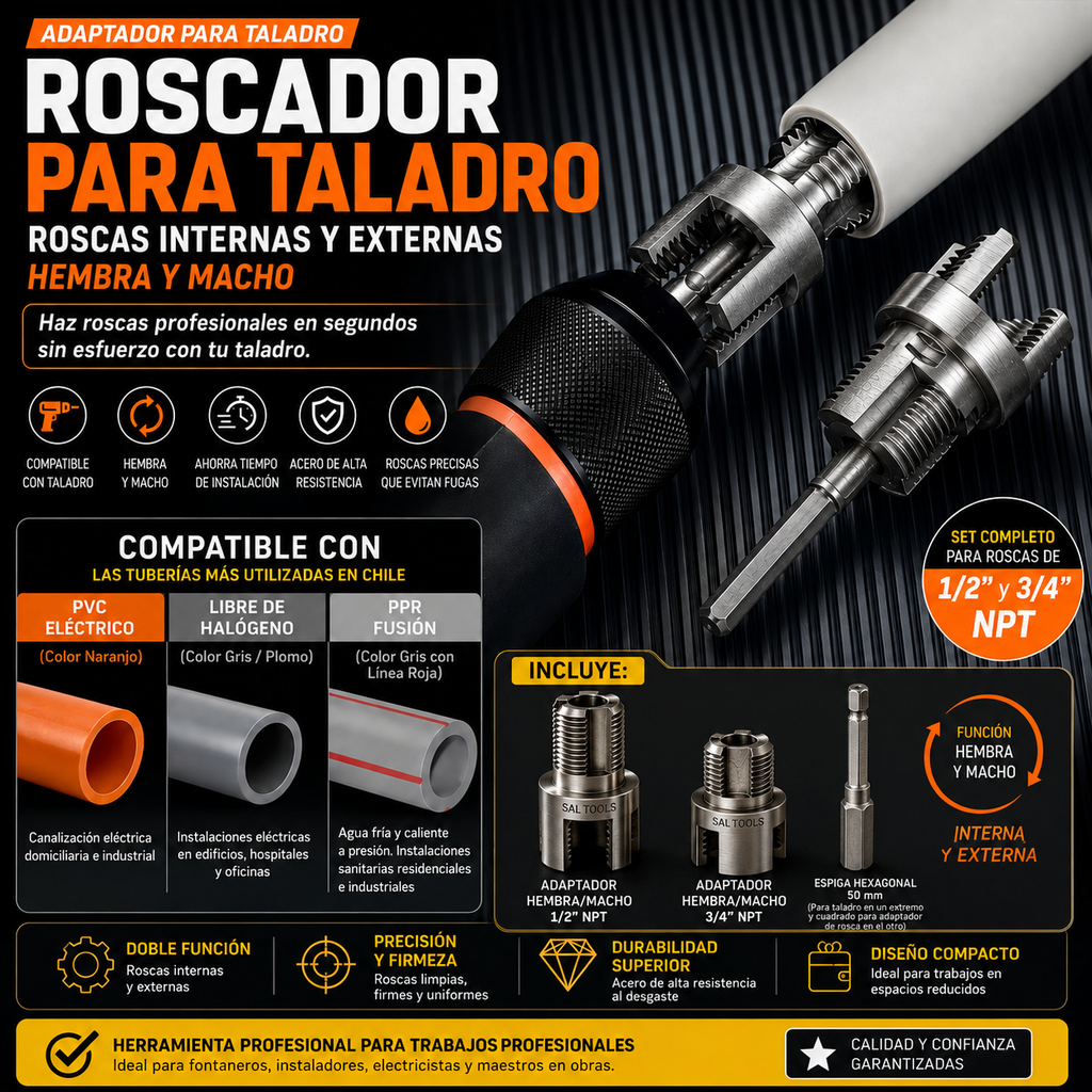 ROSCADOR TUBO PVC PPR  1/2 Y 3/4 TALADRO
