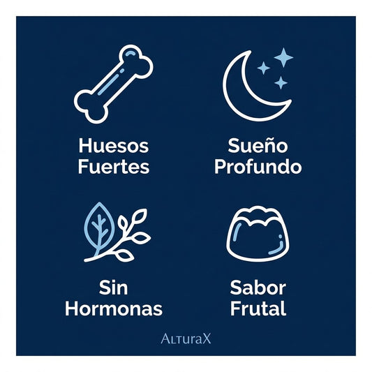 Beneficios AlтuraX Huesos Fuertes Sueno Profundo Sin Hormonas Sabor Frutal fondo oscuro