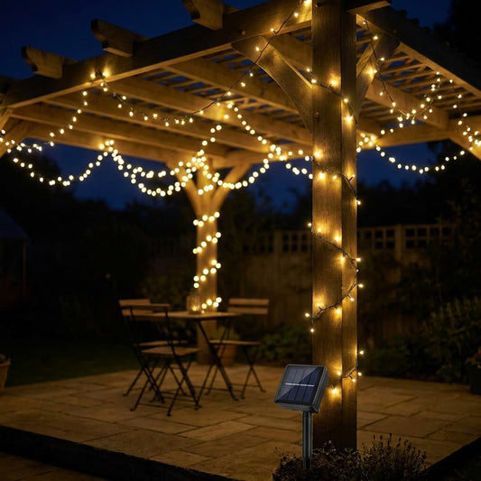 Guirnalda solar encendida en una pergola de terraza