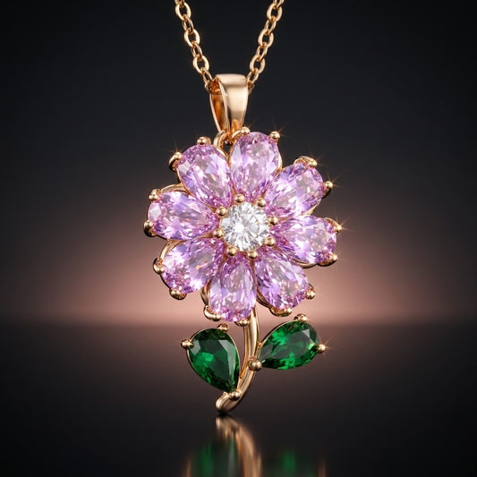 Collar FLORIA con dije de flor giratoria en acero 316L con bano de oro