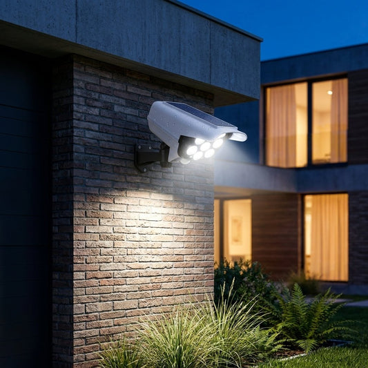 Foco LED Solar Vigil Tipo Cámara iluminando una pared exterior