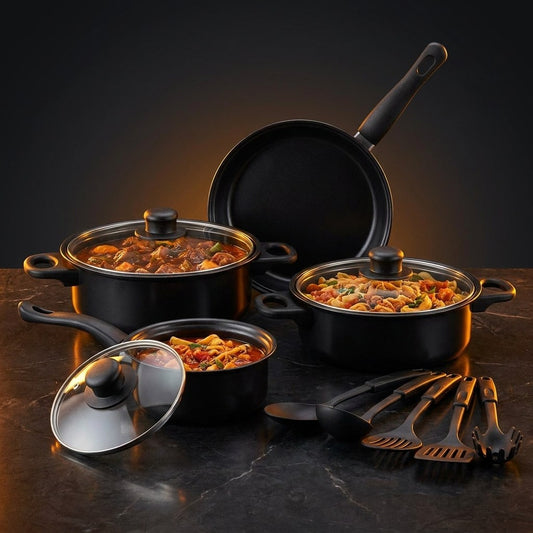 Bateria de cocina antiadherente FORGIA 13 piezas ollas negras con tapa de vidrio y utensilios