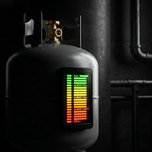Indicador magnético nivel gas GLI en cilindro doméstico fondo oscuro dramático