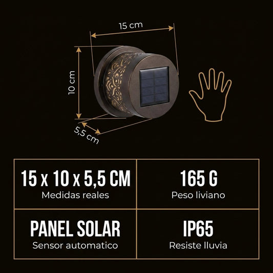 Mandalux medidas 15 x 10 x 5,5 cm peso 165g panel solar IP65 sensor automatico