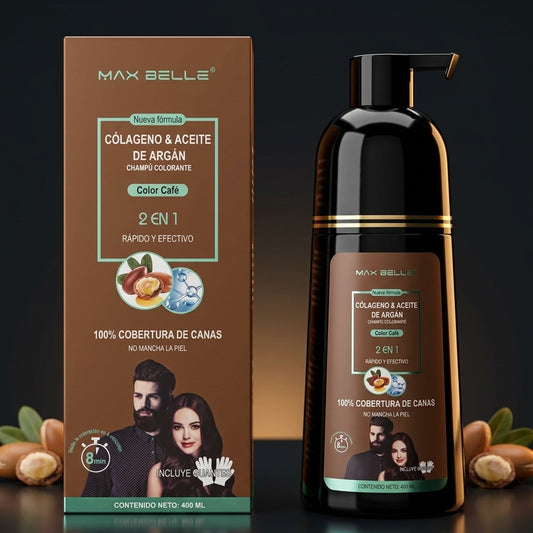 Champu colorante MAX BELLE 400 ml: caja y frasco con dosificador
